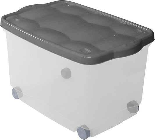 FERCASASHOP® Multipurpose Containers with Wheels and Transparent Lid 55 Lt. 60Lx40Dx36H Organizer Shoes Clothes Toys and Tools Assorted Colors