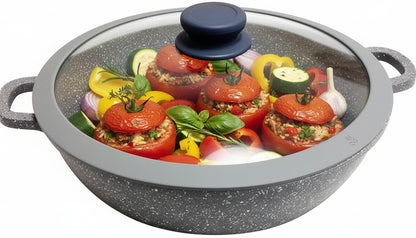 Wok in Pietra Vulcanica 32cm con Coperchio - Rivestimento Stone - Fondo Induzione - Manici Silicone