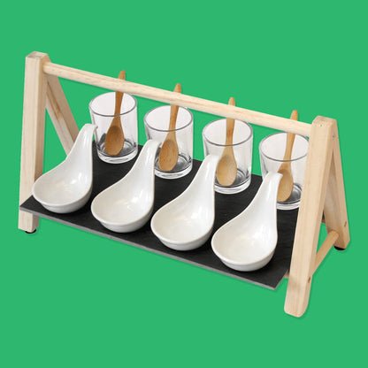 Set da 13 pezzi, set antipasti con supporto per servire, bicchieri in vetro, ciotole in ceramica e cucchiaio, ciotole da portata