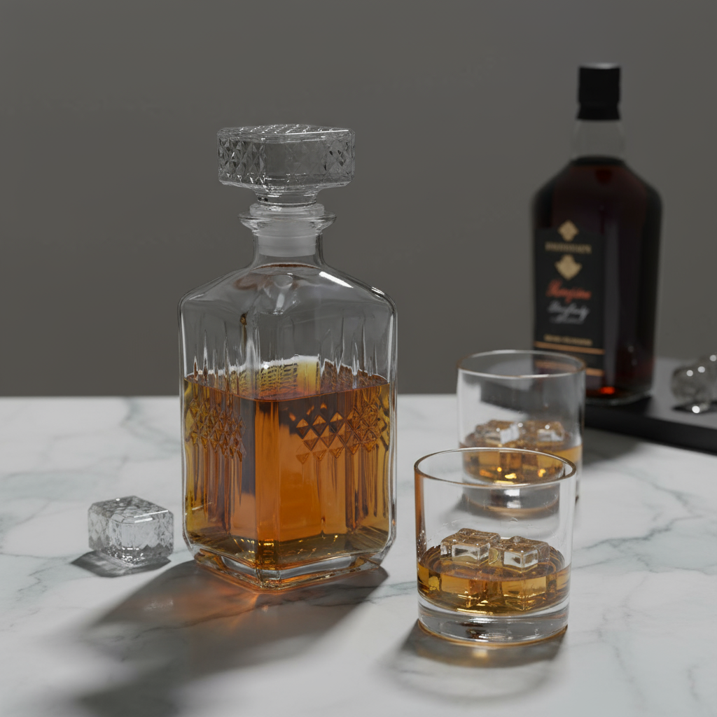 Decanter su marmo con illuminazione drammatica