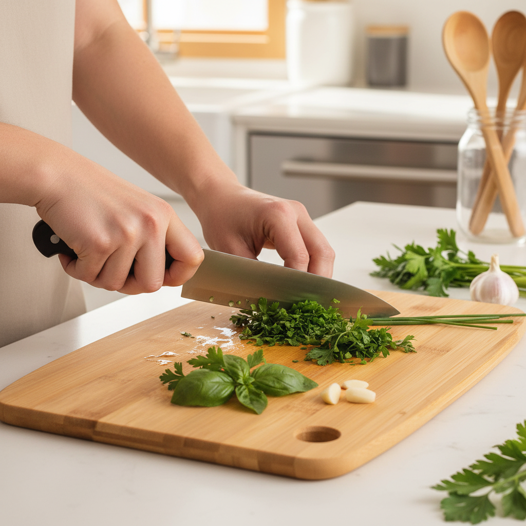 Dettaglio mani che tagliano erbe fresche