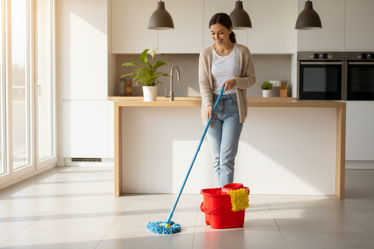 Donna che lava il pavimento con secchio rosso e mop microfibra telescopico