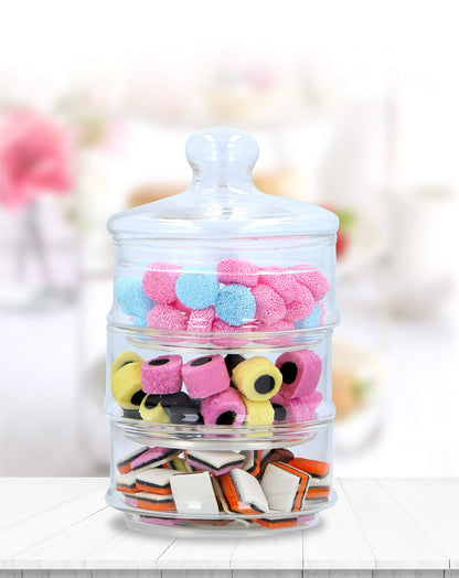 Contenitore Barattolo Porta Dolci Bon Bon con 3 Barattoli Impilabili in Vetro e Coperchio per Confettata Feste e Cerimonie