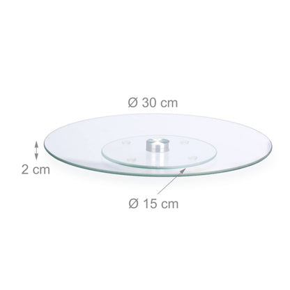 Plateau à gâteaux Relaxdays, rotatif à 360°, diamètre 30 cm, pour servir et décorer les gâteaux, plateau tournant rond en verre transparent.