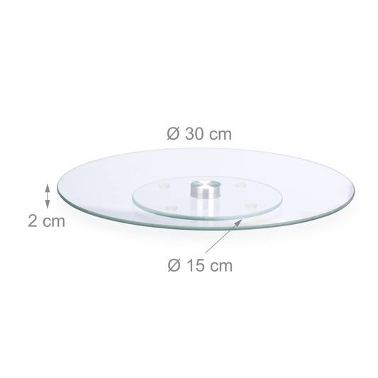 Plateau à gâteaux Relaxdays, rotatif à 360°, diamètre 30 cm, pour servir et décorer les gâteaux, plateau tournant rond en verre transparent.