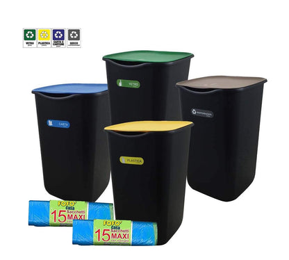 Set 4 Pattumiere Raccolta Differenziata 50L con Coperchio + 30 Sacchi Omaggio - Kit Completo 200L