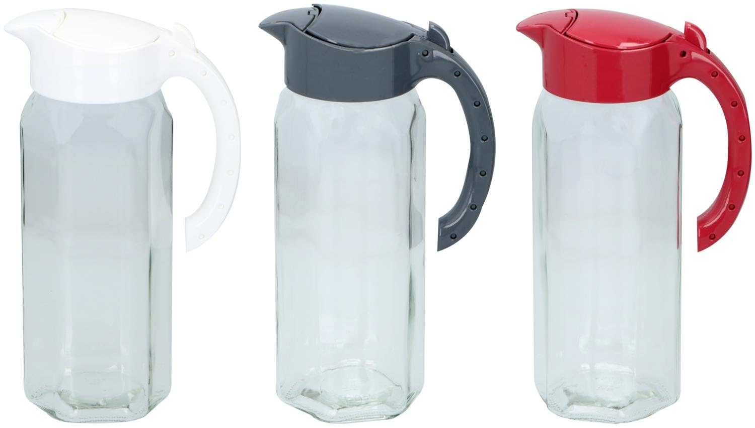 CARAFE EN VERRE DE 1,5 L AVEC COUVERCLE EN PLASTIQUE, 3 COULEURS