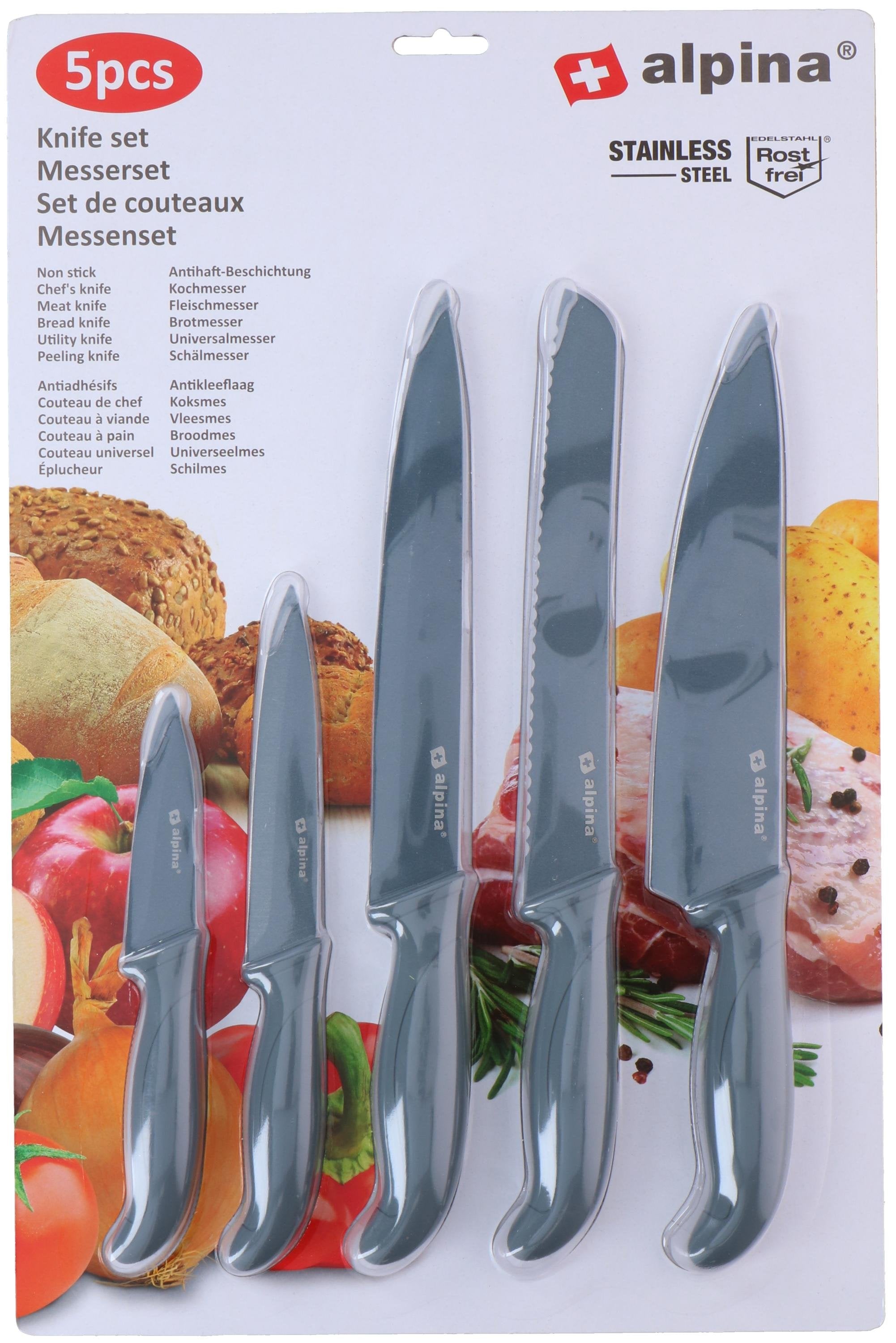 Set 5 Coltelli Professionali Acciaio Inox - Chef 32cm, Pane, Carne, Multiuso