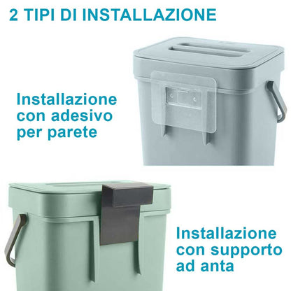 Pattumiera Cucina Bagno Bidone Spazzatura con Gancio per Anta Mobile e Adesivo Fissaggio Muro Parete Cestino Sottolavello Salvaspazio con Coperchio 2 Colori