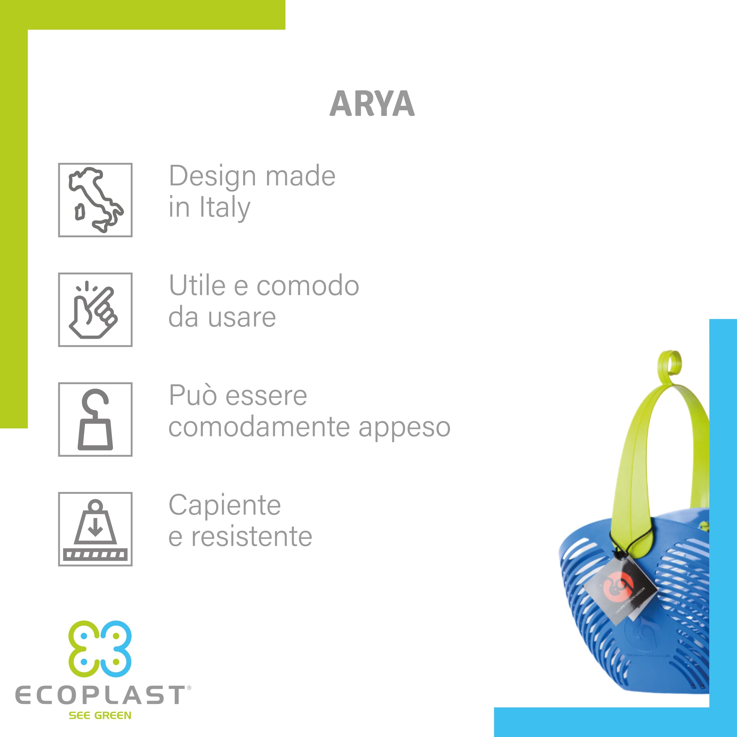 Ecoplast | Arya Clothes Peg Holder, Clothesline Peg Basket in Assorted Colors (Blue/Turquoise/Orange), Made in Italy