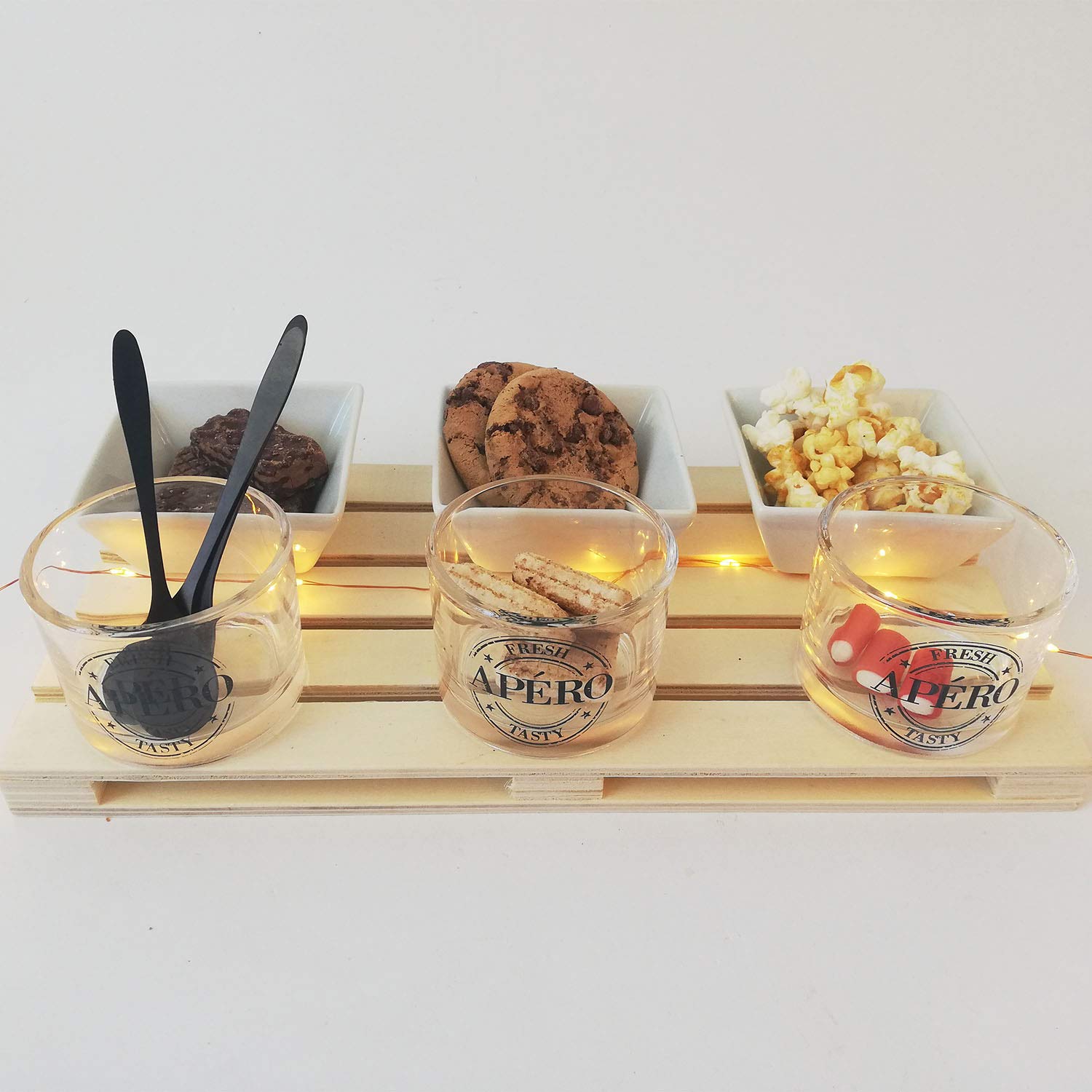 Set 10 Antipasti con Vassoio Legno Bicchieri Vetro Ciotole Ceramica - Alpina