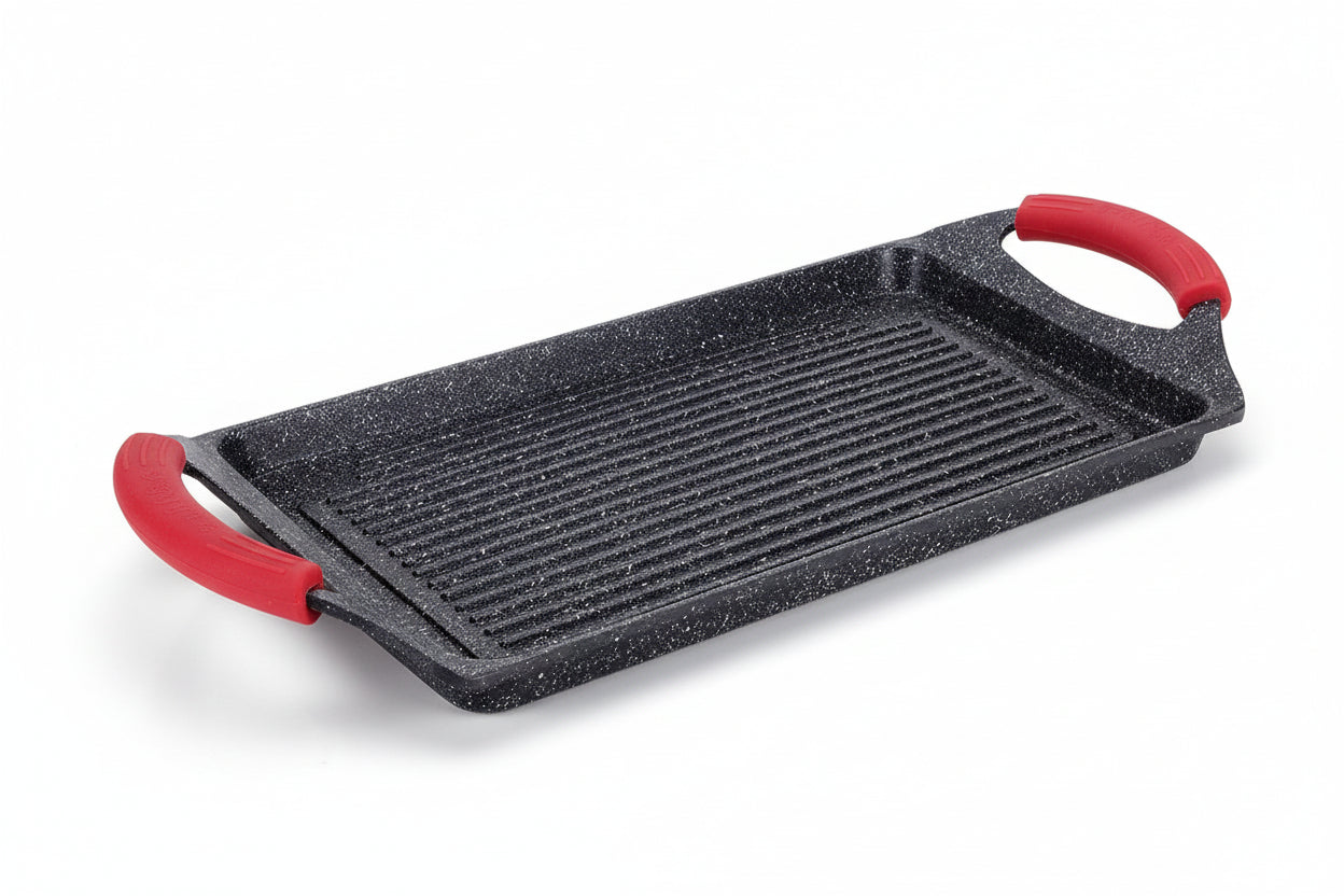 Bistecchiera Pietra Vulcanica 36x24cm Antiaderente - Induzione e Tutti i Piani - Maniglie Silicone