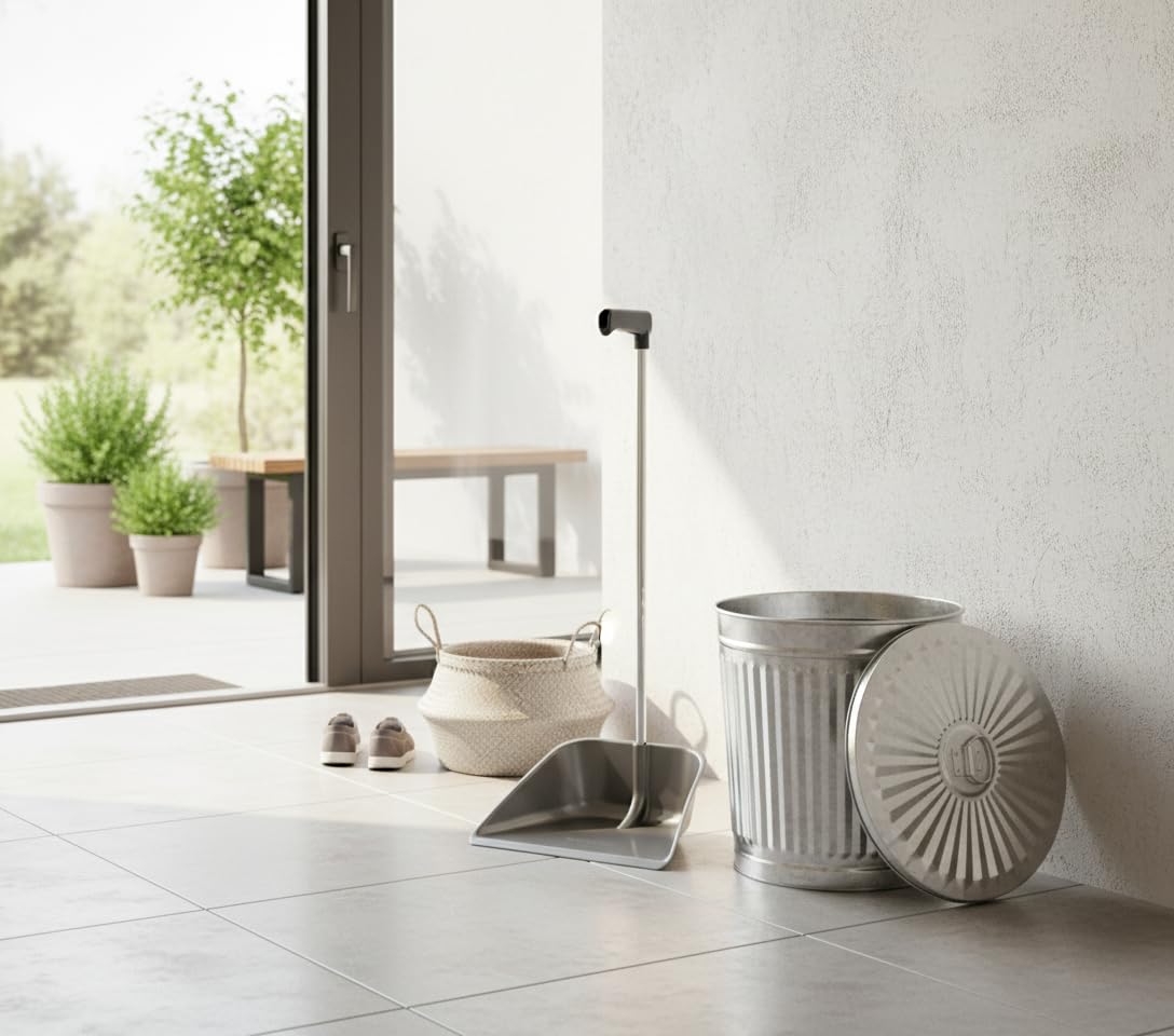 Bundle Pulizia - Paletta Alzaimmondizia Tiffany Grigia + Bidone Rifiuti Zinco 35L con Coperchio - Kit Completo per Casa Giardino Esterno