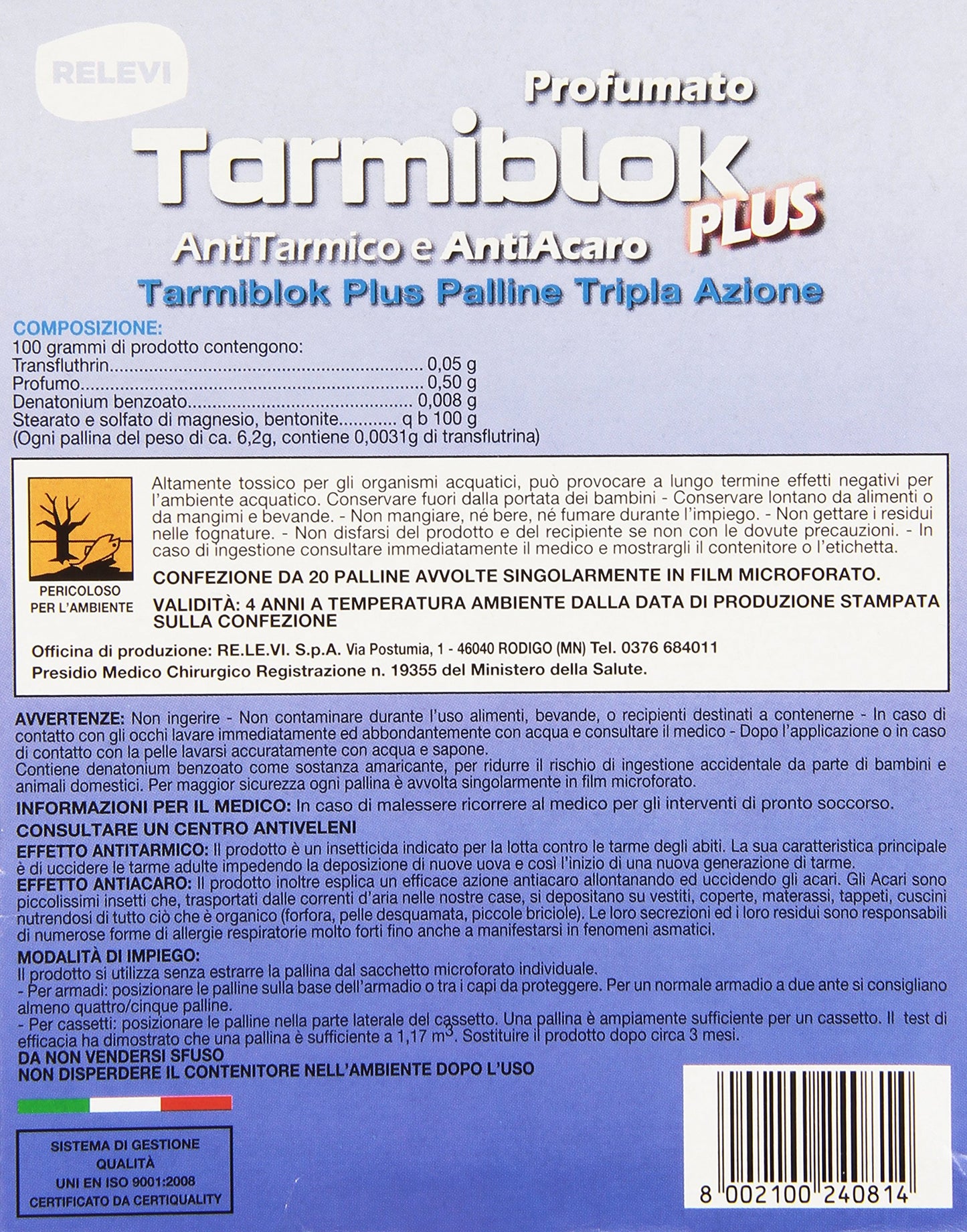 Tarmiblok Antitarmico e Antiacaro Profumato - 20 Palline - Protezione Armadio e Cassetti