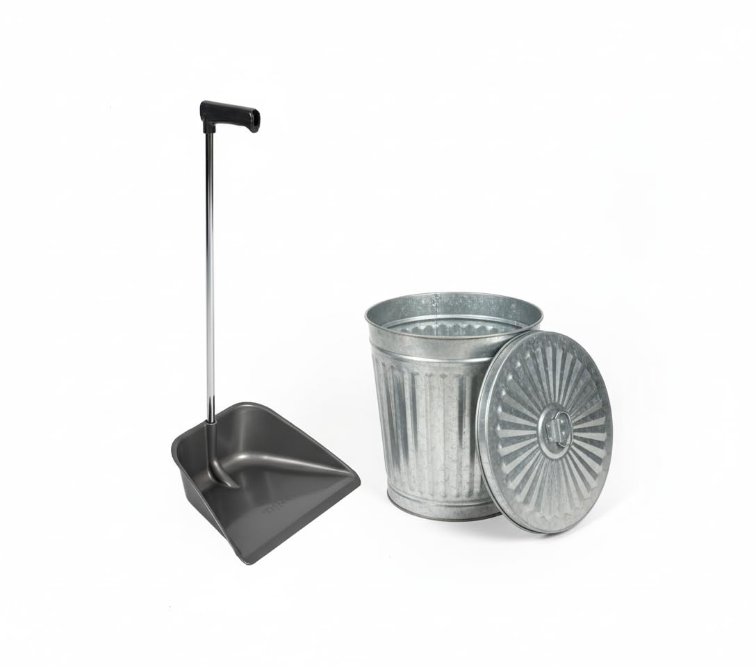Bundle Pulizia - Paletta Alzaimmondizia Tiffany Grigia + Bidone Rifiuti Zinco 35L con Coperchio - Kit Completo per Casa Giardino Esterno