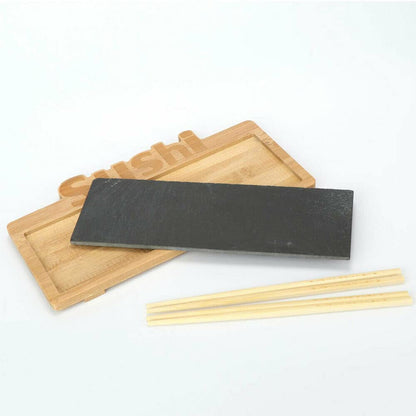 Service à sushis 7 pièces pour 2 personnes : baguettes en bois, bols en céramique, plateau en ardoise