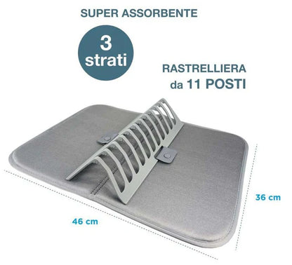 Scolapiatti Microfibra con Rastrelliera 46x36 cm Triplo Strato Assorbente - Lavabile