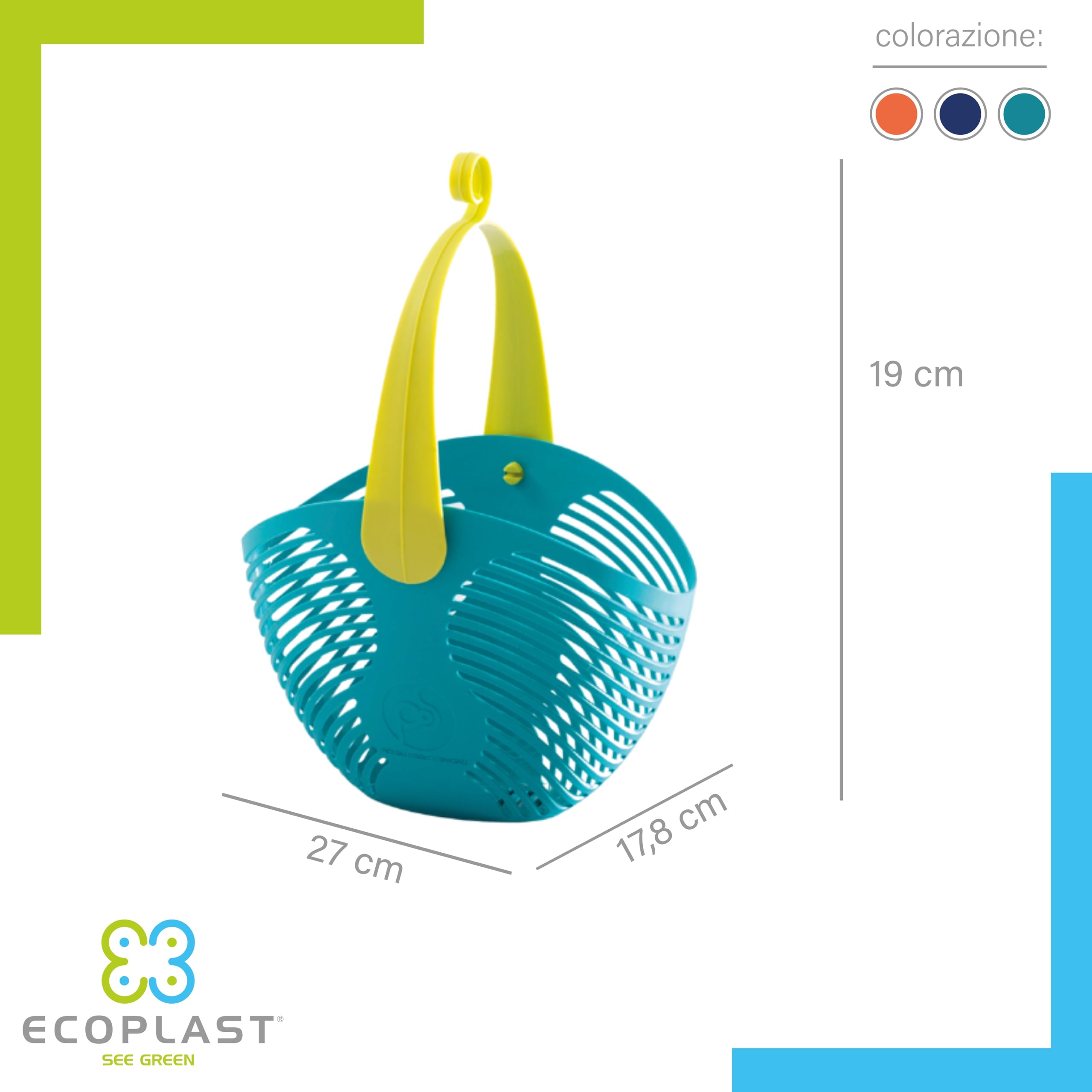 Ecoplast | Arya Clothes Peg Holder, Clothesline Peg Basket in Assorted Colors (Blue/Turquoise/Orange), Made in Italy