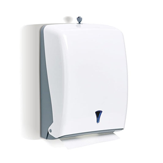 Distributore di Carta a Z, Dispenser da Parete per Salviette, Bianco, Portasalviette da Muro con Chiave di Sicurezza e Finestrella di fine scorta mm. 400 x 130 x 290. Capacita 600 Fogli