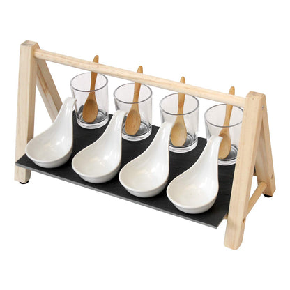 Set da 13 pezzi, set antipasti con supporto per servire, bicchieri in vetro, ciotole in ceramica e cucchiaio, ciotole da portata