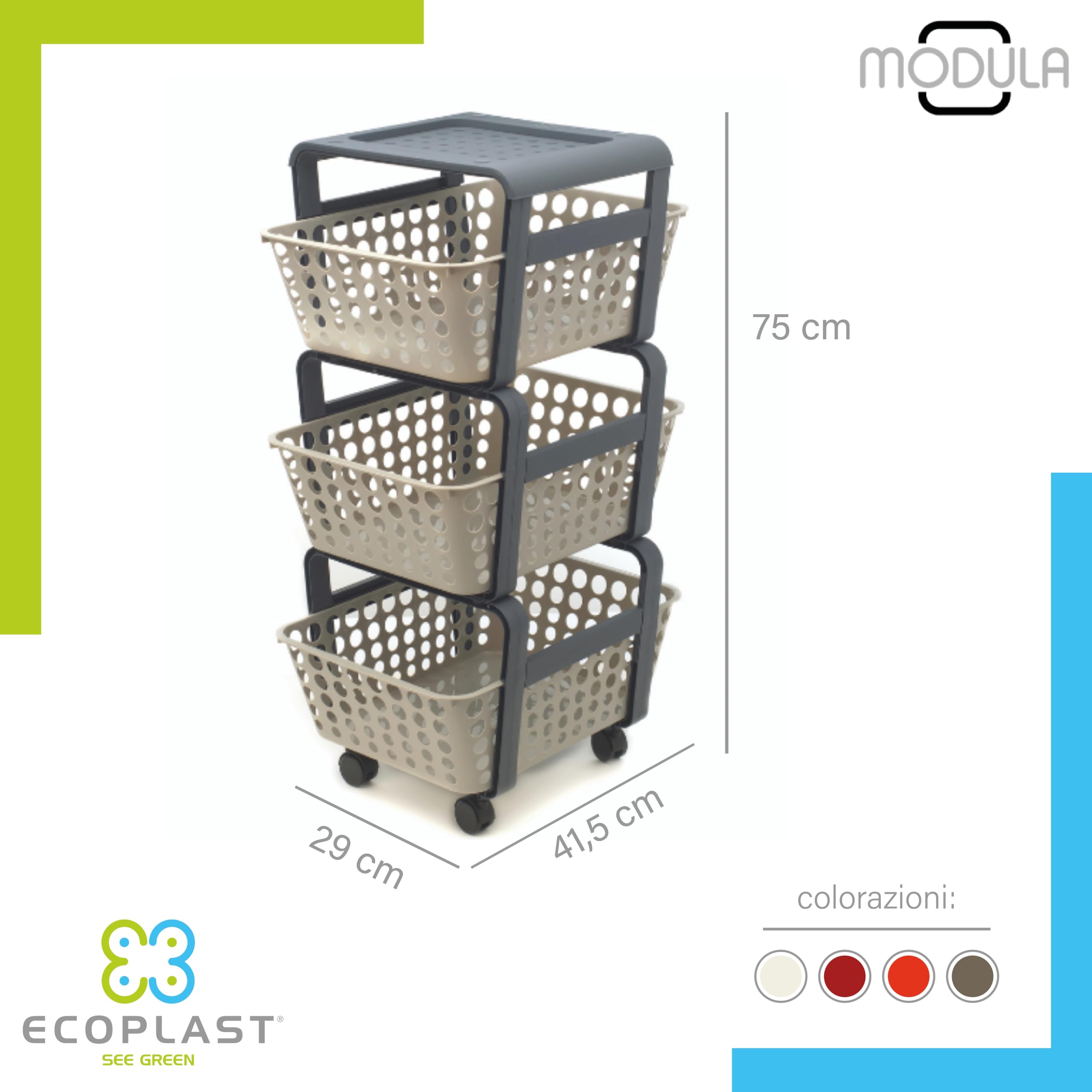 Carrello Modula 3 Ripiani Ruote - Plastica Riciclata