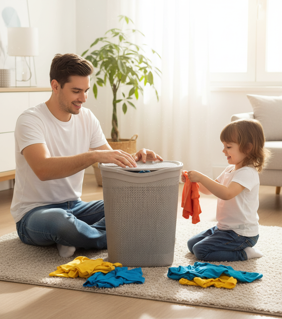 Famiglia che usa il portabiancheria