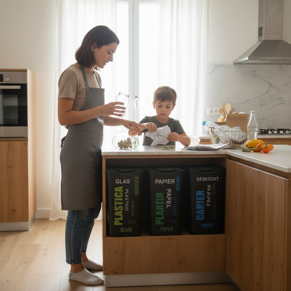 Famiglia che usa le pattumiere