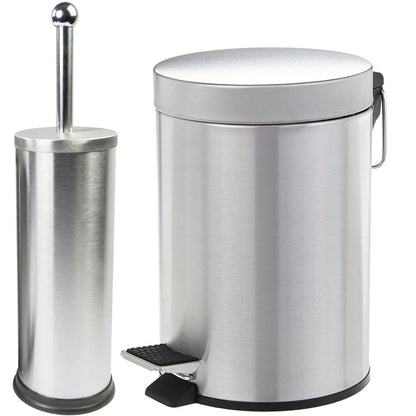 Set Pattumiera a Pedale 3 Litri con Portascopino da Bagno WC in Acciaio Inox