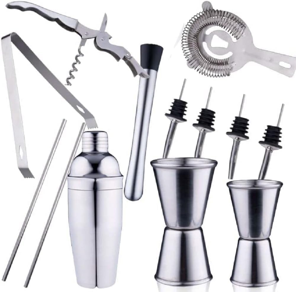 Set da cocktail completo – 14 pezzi – shaker/stamper/jigger/ecc, in acciaio inox