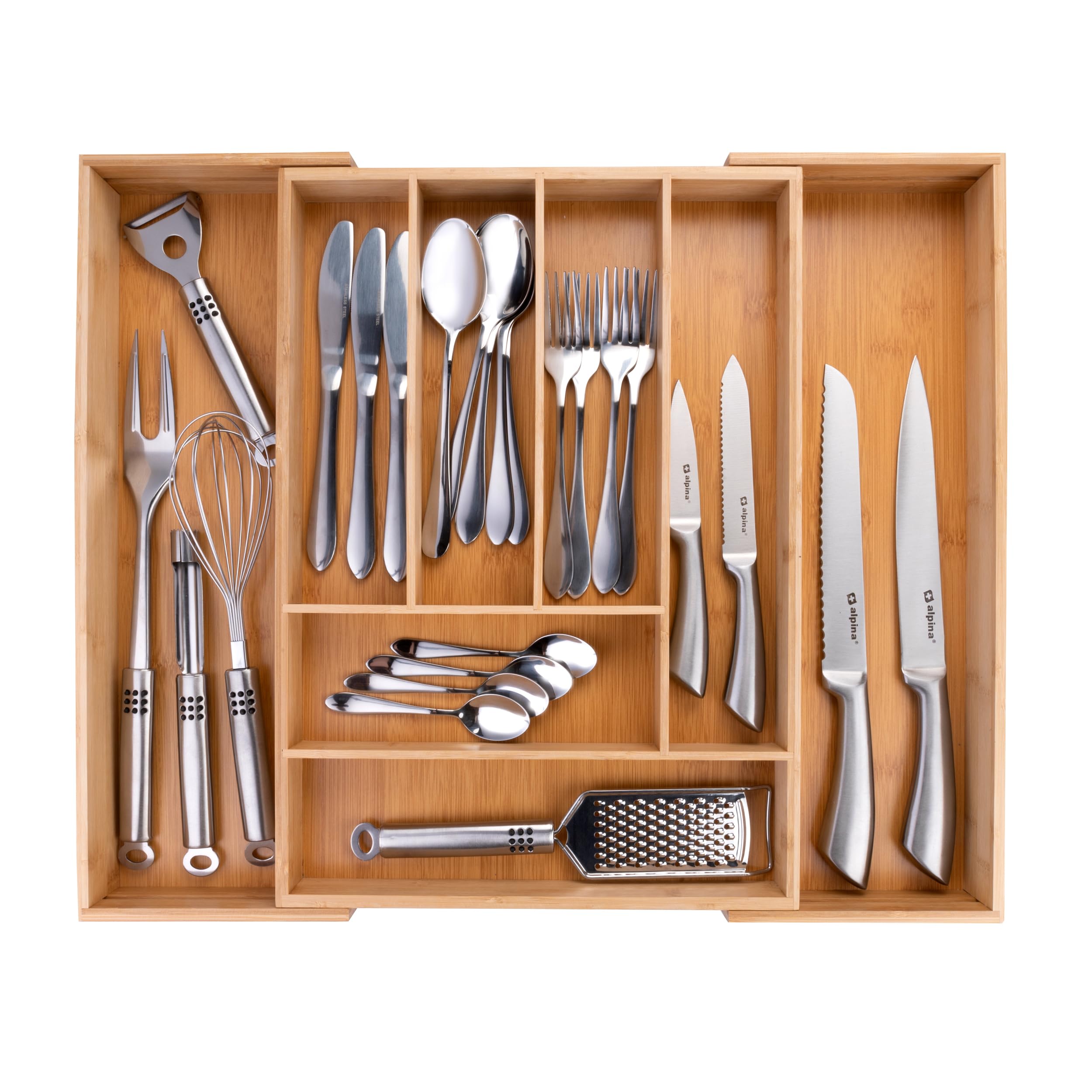 alpina Drawer Cutlery Tray - Expandable Kitchen Drawer Organizer 46 x 34-56.5 x 6 cm - Drawer Organizer with 6 to 8 Compartments - For Kitchen Utensils, Sunglasses and More - Bamboo