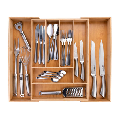 Portaposate da Cassetto - Organizer Casetti Cucina Estensibile 46 x 34-56,5 x 6 cm - Organizzatore Cassetti con 6 a 8 Scomparti - Per Utensili da Cucina, Occhiali da Sole e Altro - Bambù