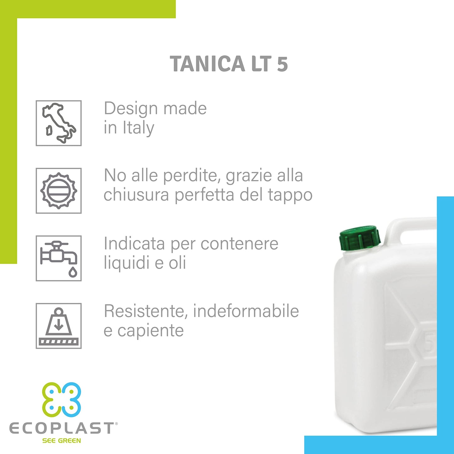 Tanica Ecoplast per Liquidi e Oli - Contenitore Plastica Resistente 5-10-15-20 Litri con Tappo Ermetico