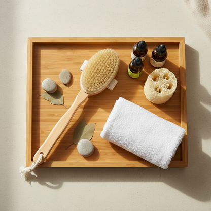 Flat lay con accessori benessere naturali