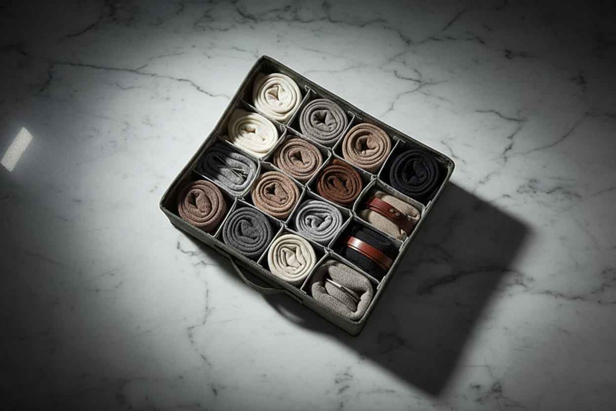 Flat lay organizer beige su marmo