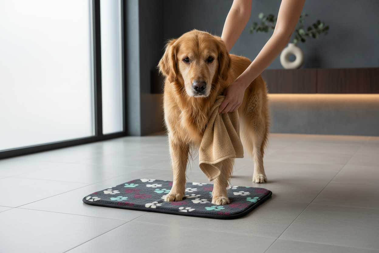 Golden retriever su tappetino
