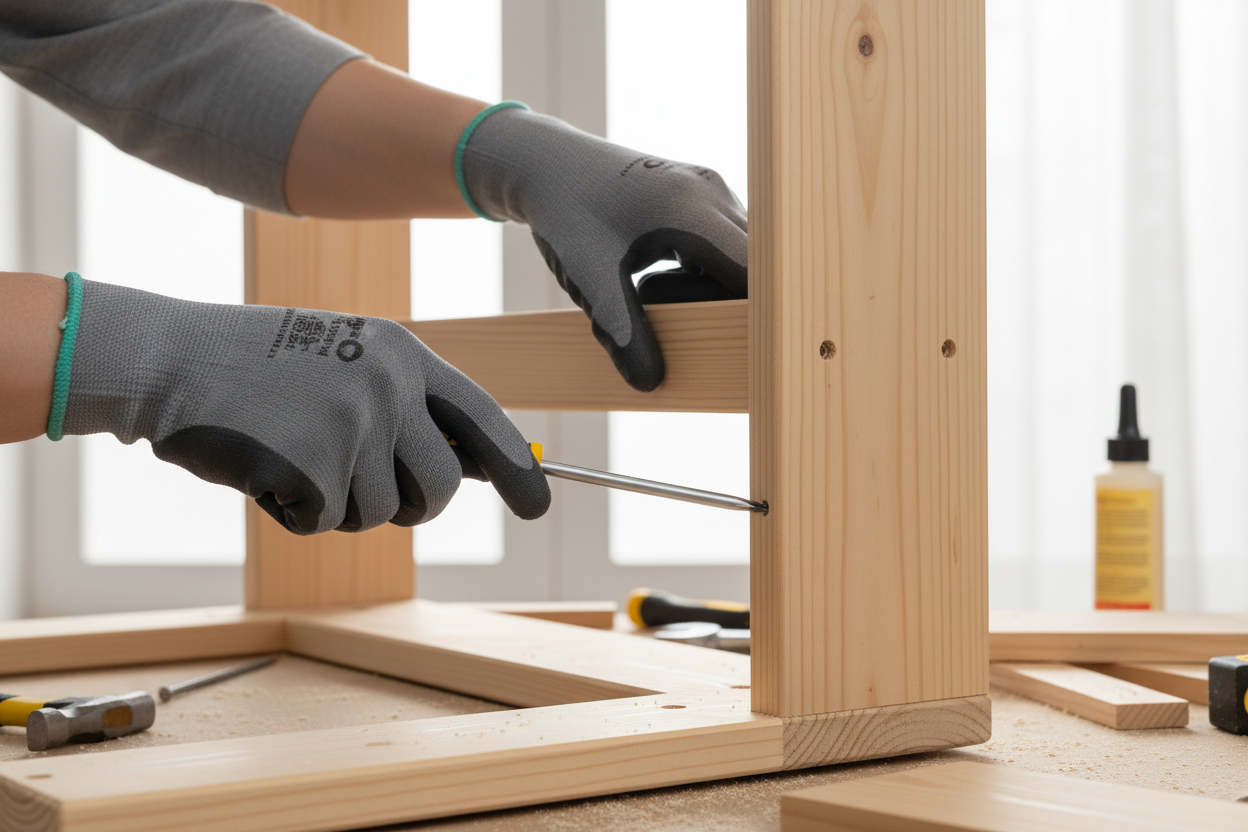 Guanti da lavoro durante assemblaggio legno