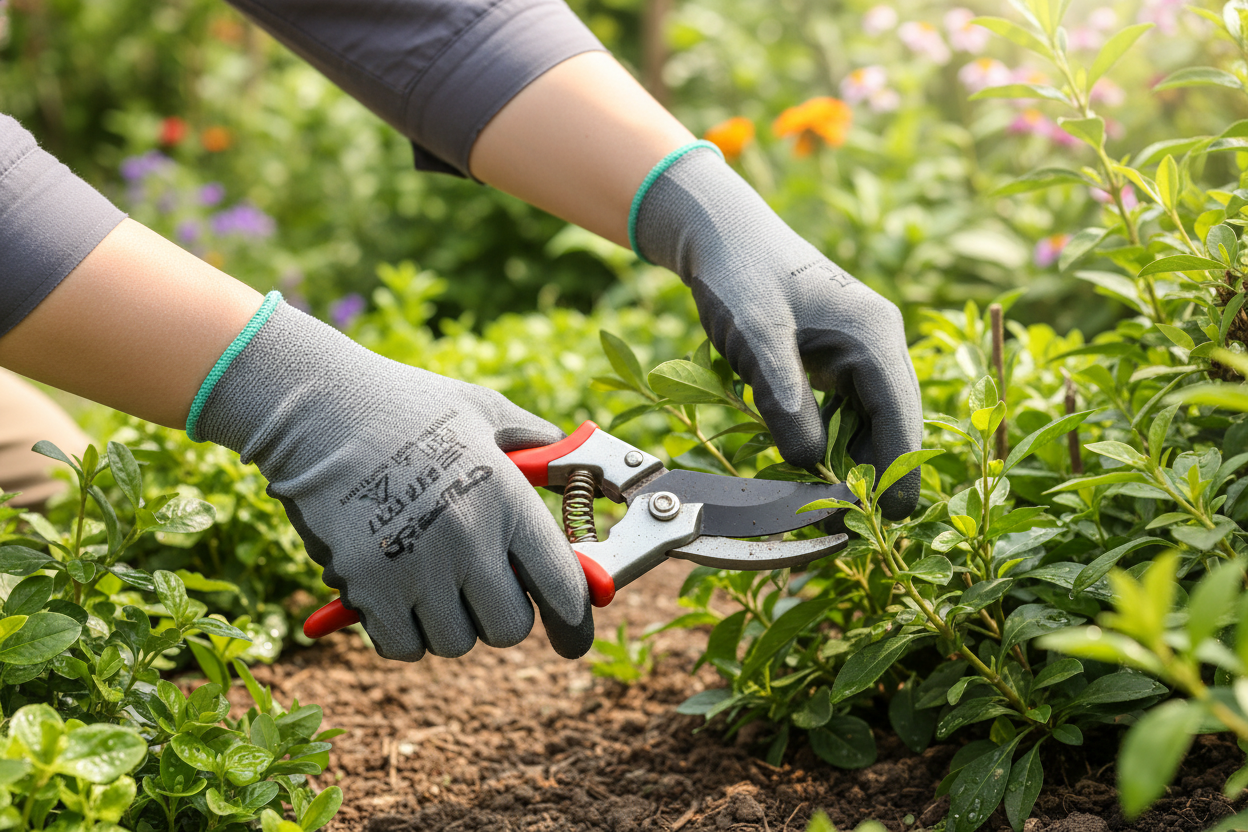 Guanti da lavoro durante potatura in giardino