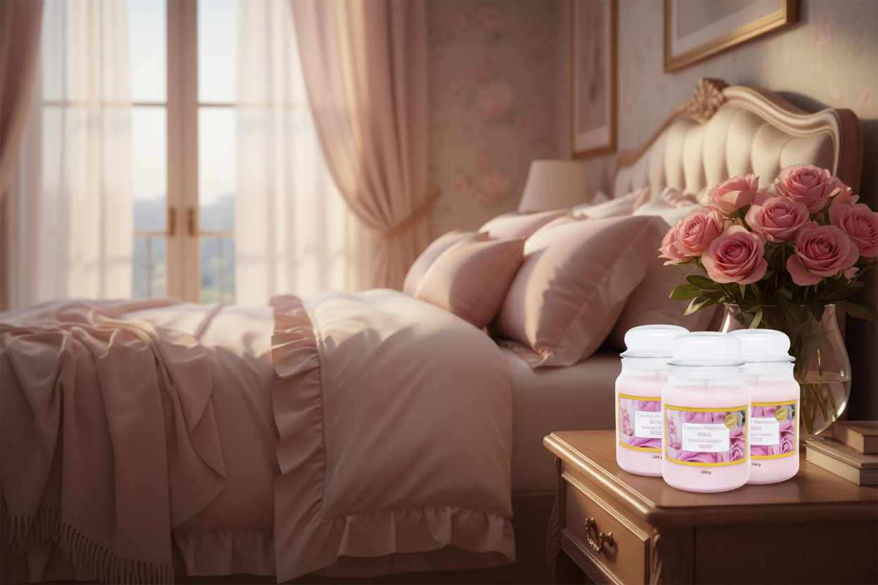 Candela profumata alla Rosa in camera da letto romantica con rose fresche