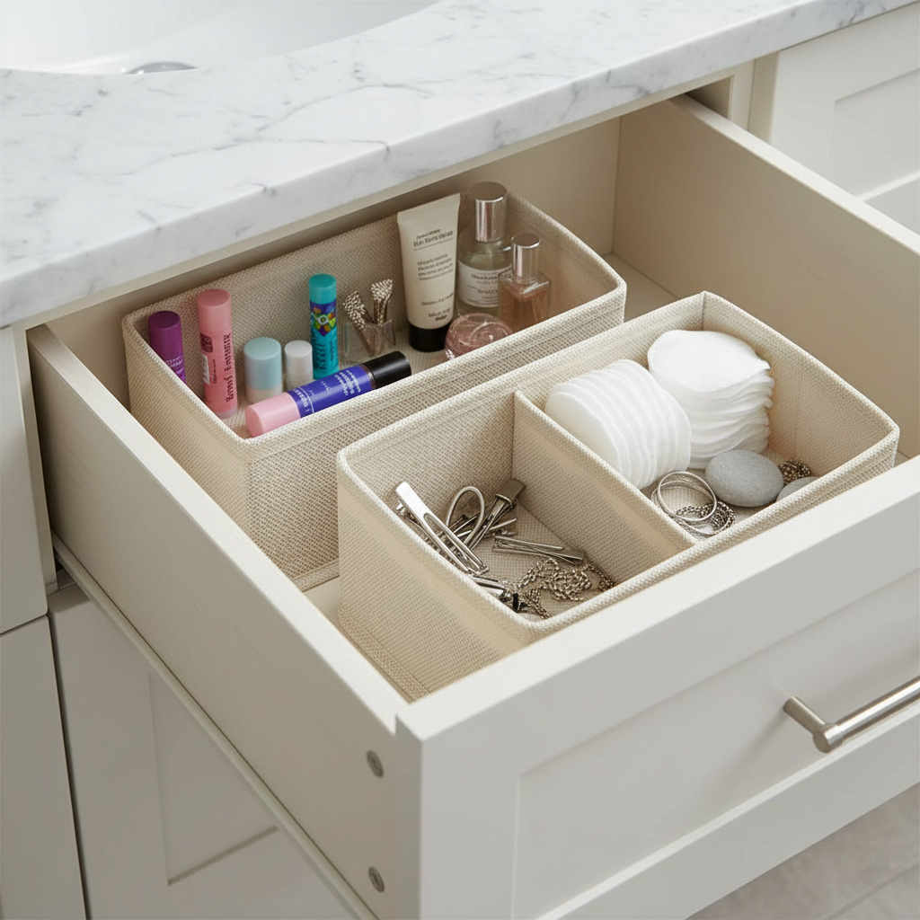 Set 2 scatole organizer in TNT in cassetto del bagno con accessori beauty