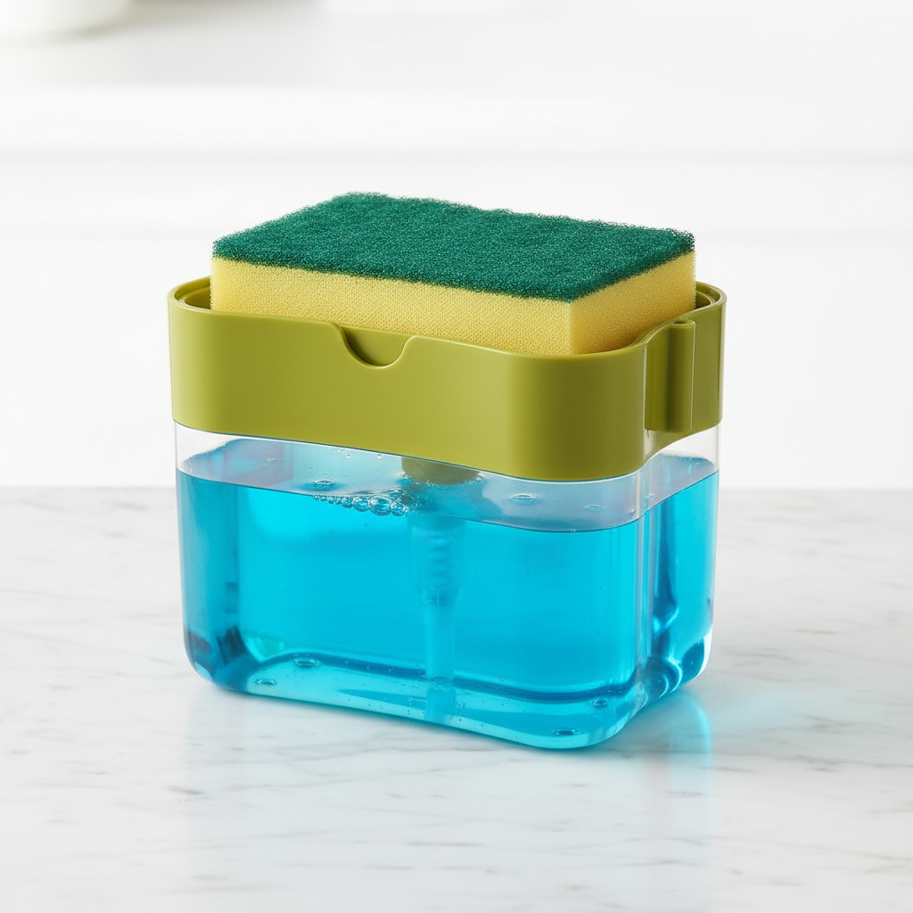 Dettaglio dispenser trasparente con porta spugna