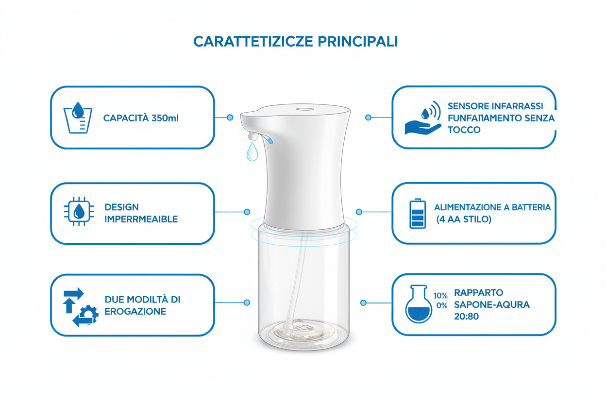 Infografica caratteristiche dispenser sapone automatico 350ml