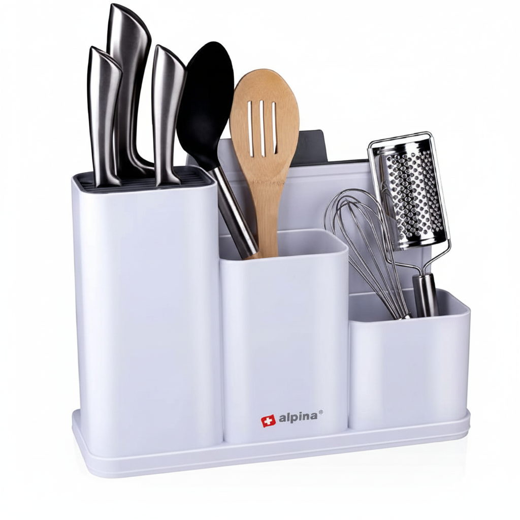 Organizer cucina bianco con scomparti per utensili e taglieri integrati