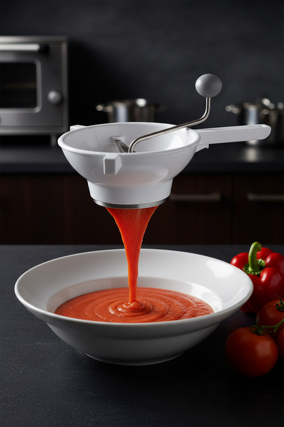 Dettaglio passaverdure che crea purea liscia di verdure fresche