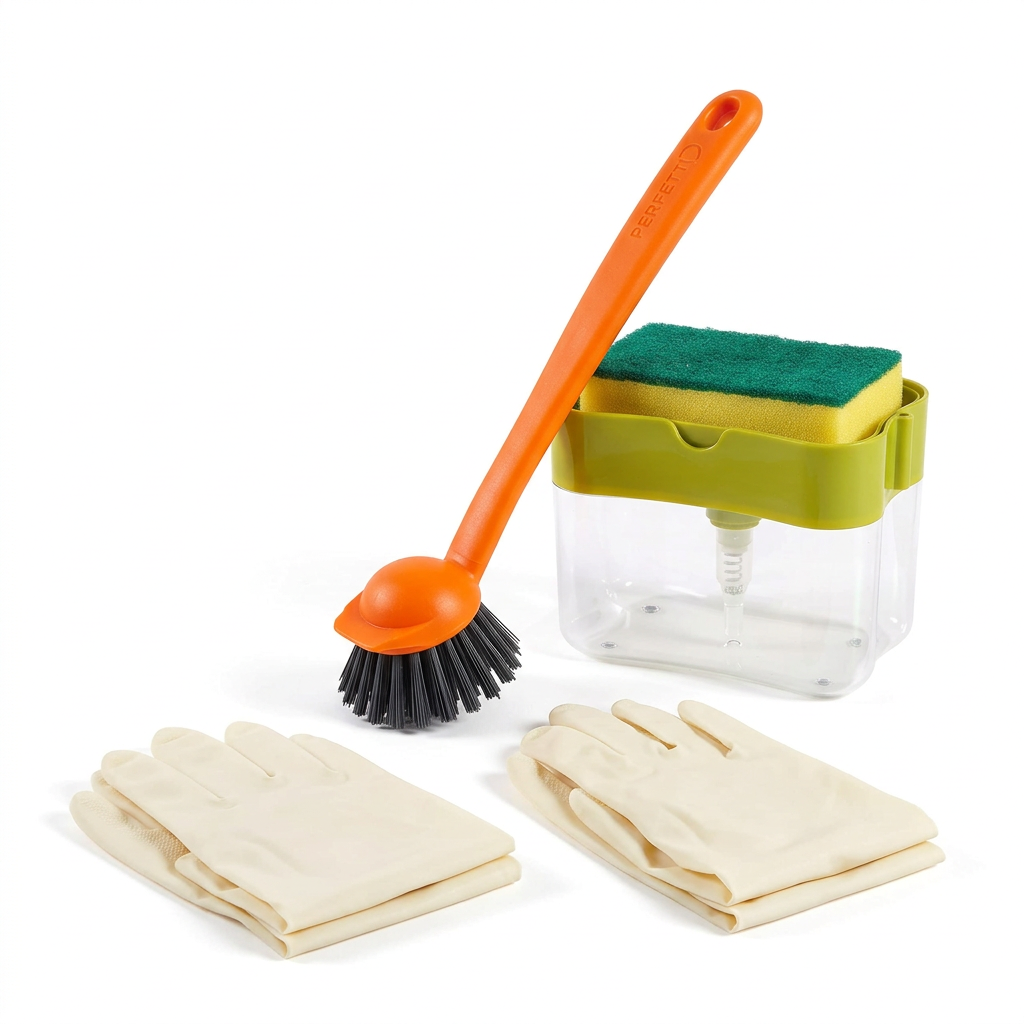 Kit lavaggio piatti con scopino ergonomico, dispenser e due paia di guanti taglia M