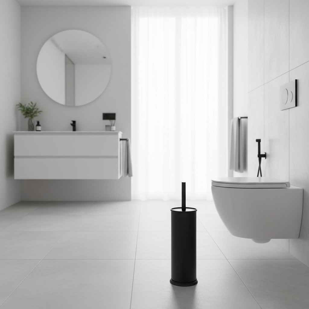 Portascopino nero in bagno moderno di lusso accanto a WC bianco