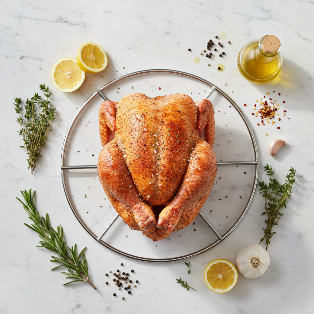 Preparazione pollo con spezie e erbe aromatiche per cottura su supporto BBQ