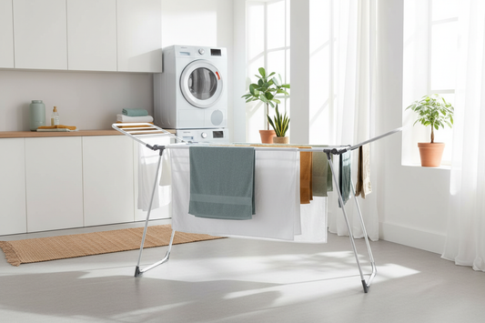 Stendibiancheria allungabile in lavanderia moderna con bucato fresco e luce naturale