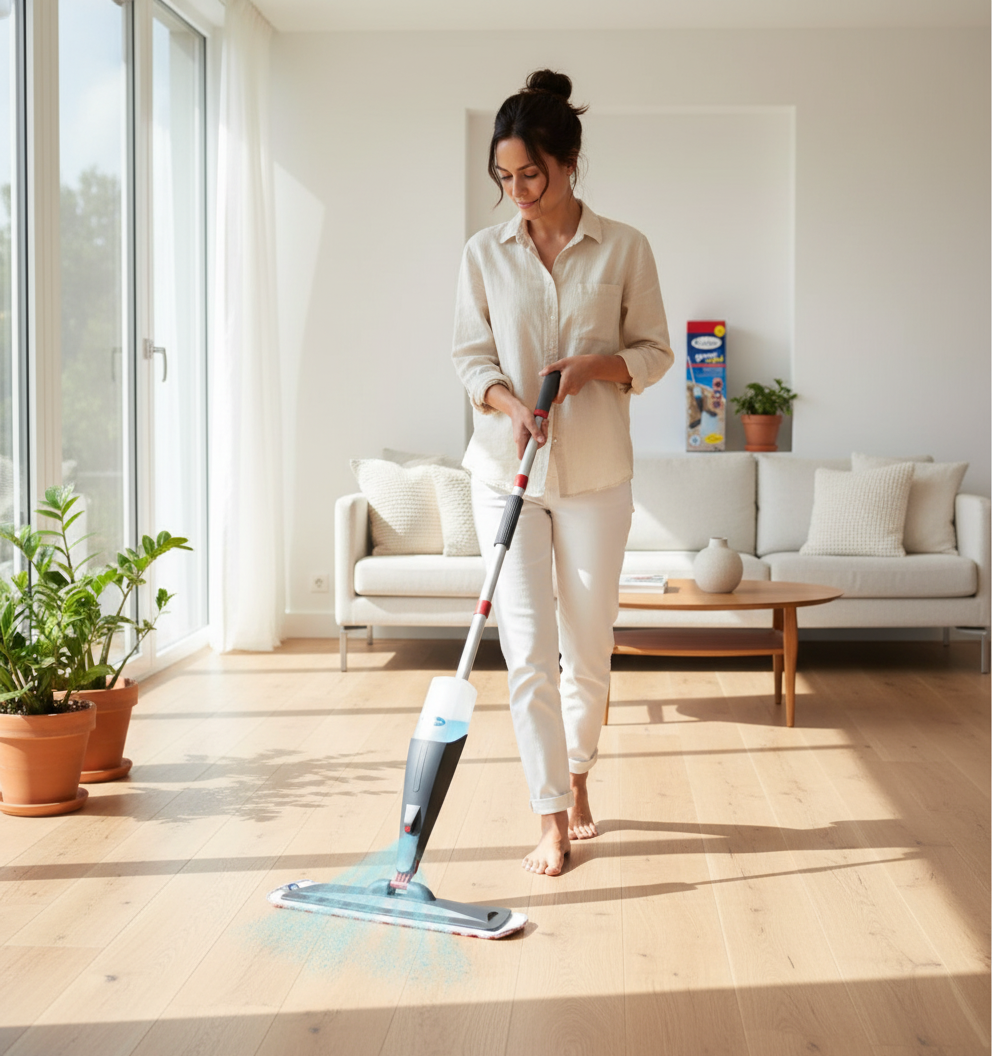 Scopa spray in uso per pulizia pavimenti soggiorno