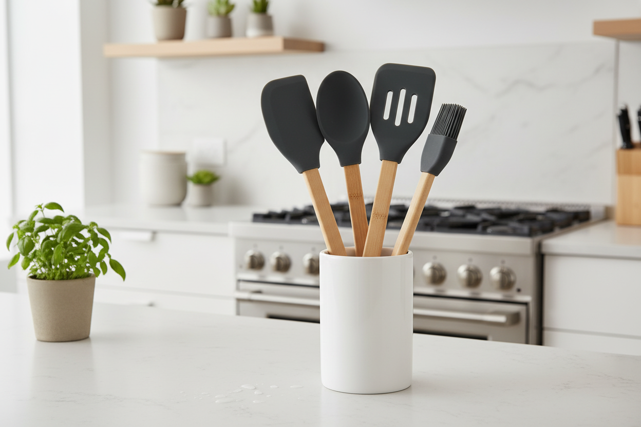 Set utensili in portautensili in cucina moderna ecologica