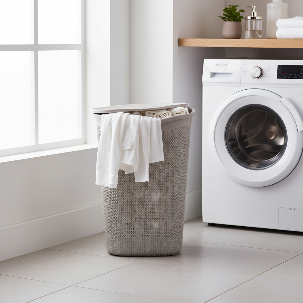 Portabiancheria in uso in bagno moderno con biancheria